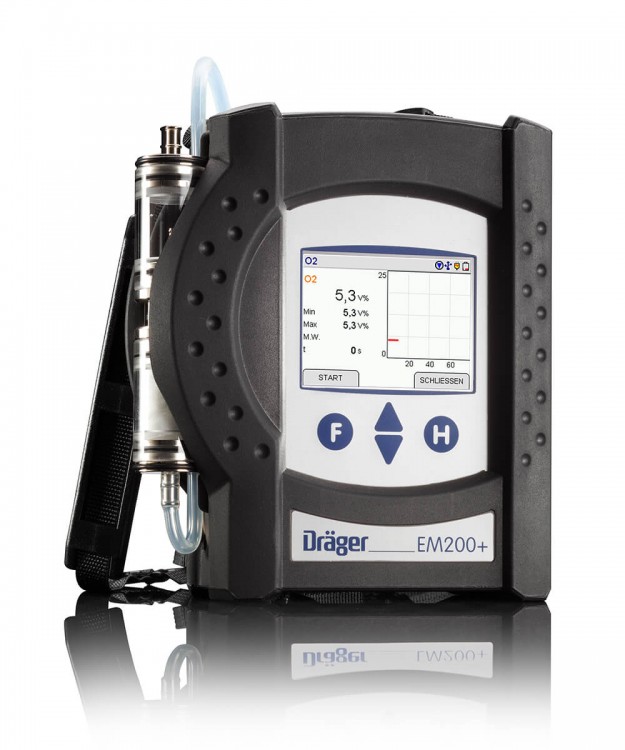Dräger EM200plus-f Abgasmessgerät Seitenansicht Dräger EM200plus-f Abgasmessgerät mit Kondensatfalle und Tragegurt in Seitenansicht